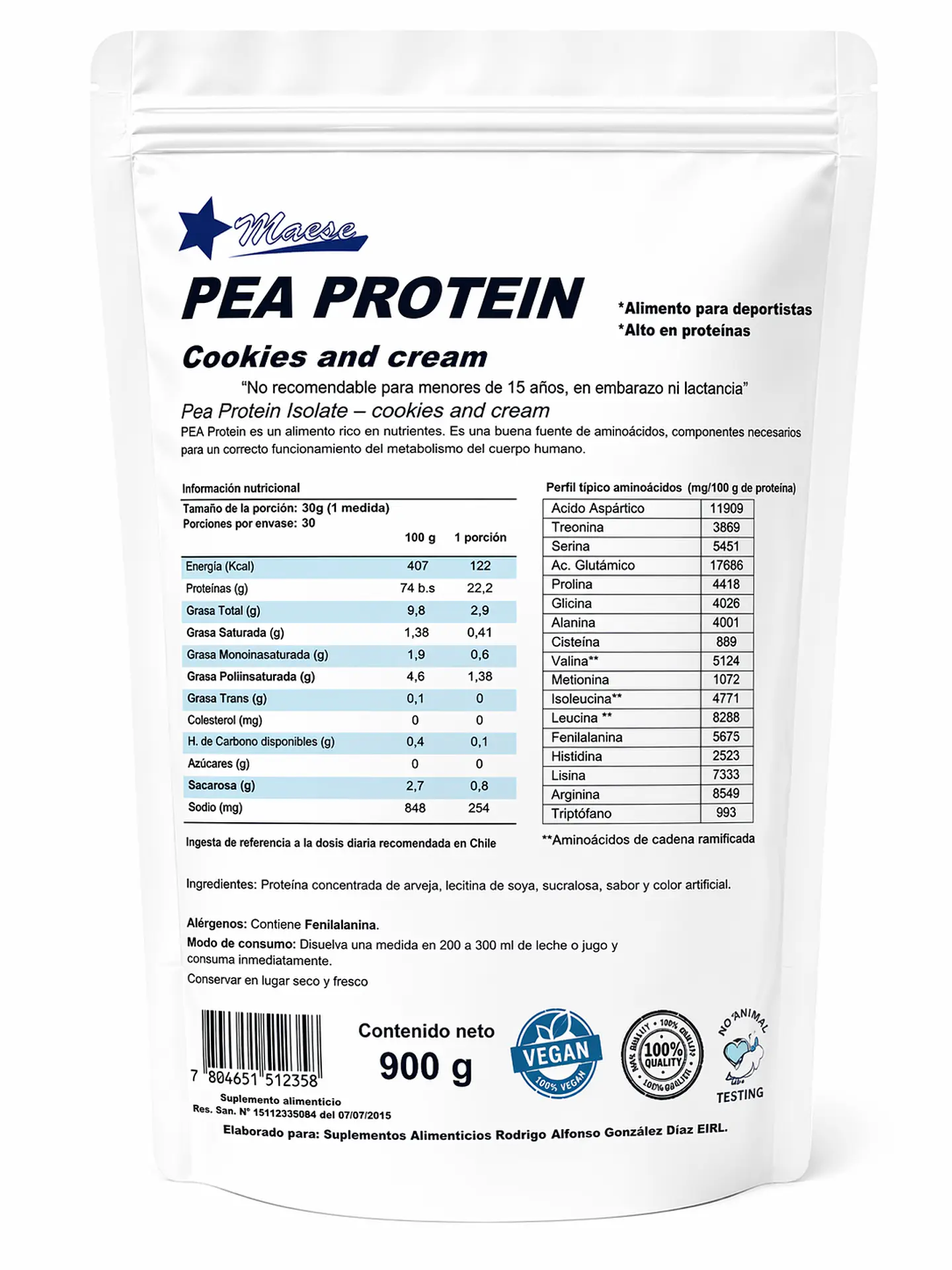 Pea Protein Cookies and Cream 900g Maese 1