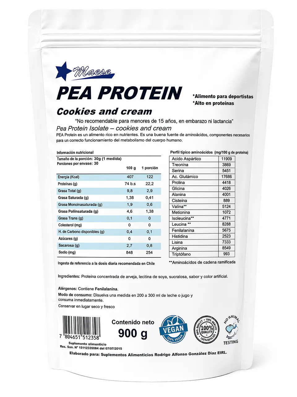 Pea Protein Cookies and Cream 900g Maese 1