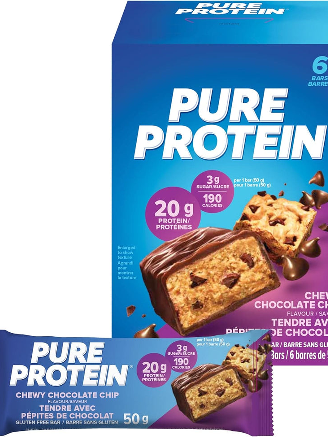 PURE PROTEIN 20 grs Protein Bar GLUTEN FREE - 6 unidades / 50 grs, chewy chocolate chip 1