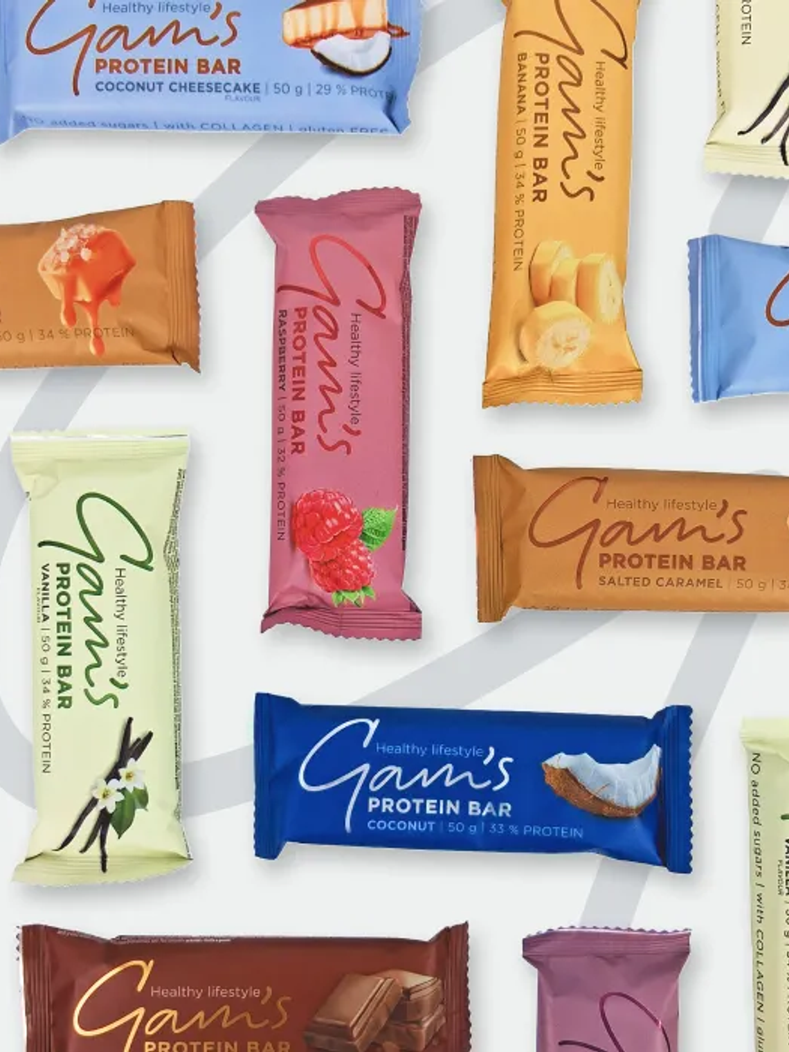 MIX 2 - GAM'S 18 grs PROTEIN Bar NO SUGARS - 24 unidades / 50 grs, mix 3 sabores (8 U banana / 8 U vainilla / 8 U raspberry) 1