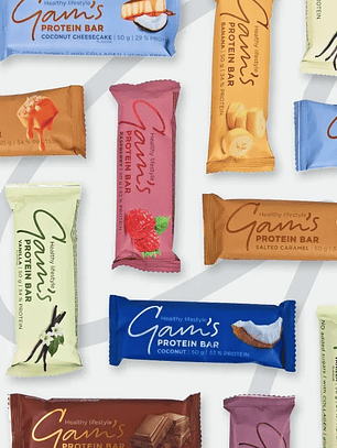 MIX 2 - GAM'S 18 grs PROTEIN Bar NO SUGARS - 24 unidades / 50 grs, mix 3 sabores (8 U banana / 8 U vainilla / 8 U raspberry)