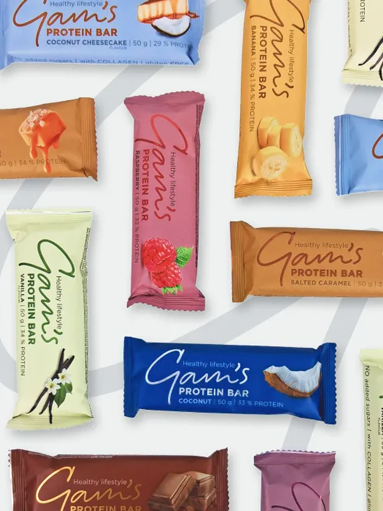 MIX 2 - GAM'S 18 grs PROTEIN Bar NO SUGARS - 24 unidades / 50 grs, mix 3 sabores (8 U banana / 8 U vainilla / 8 U raspberry) 1