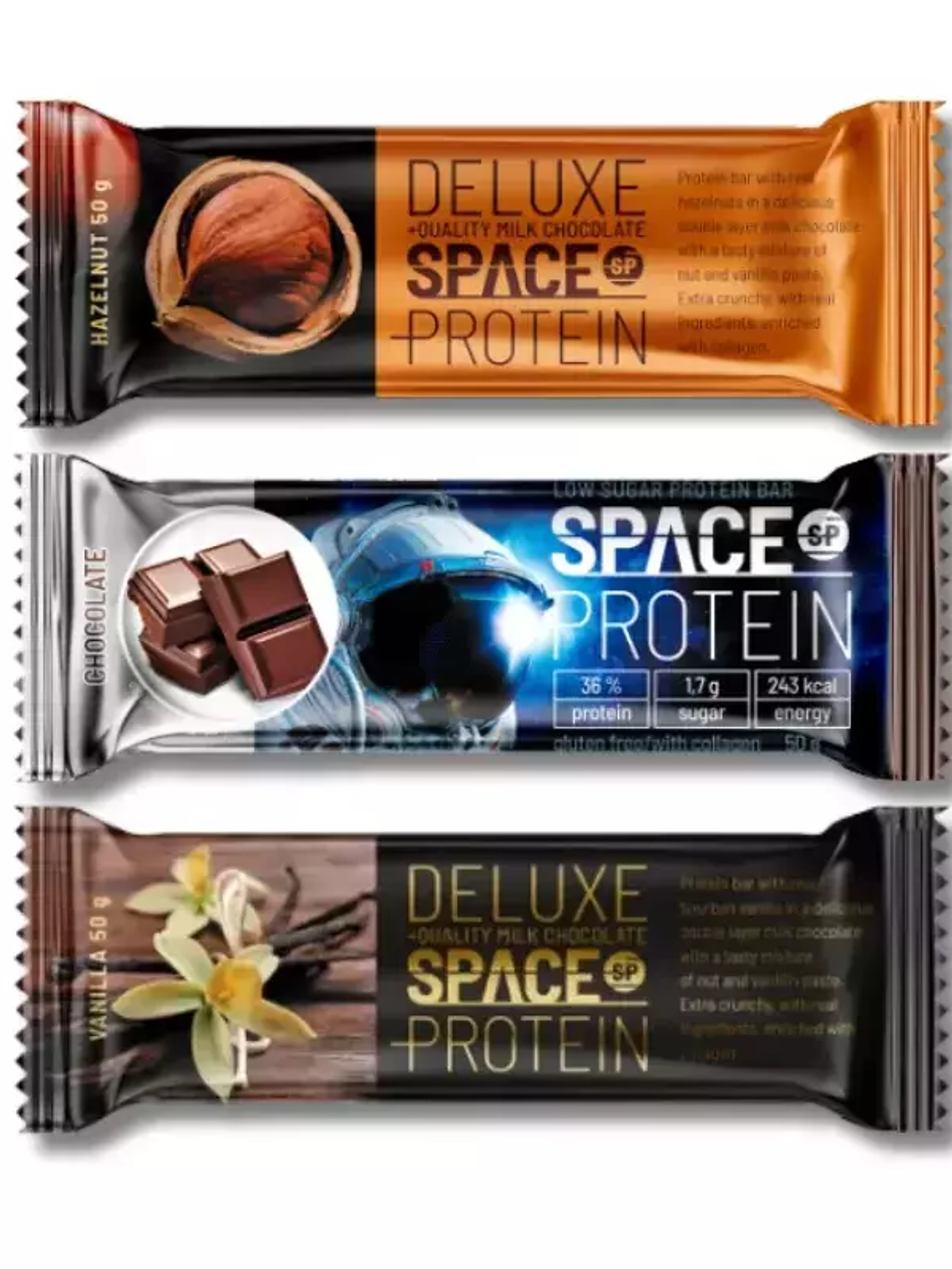 MIX 1 - SPACE 16 grs PROTEIN Bar - 24 unidades / 50 grs, mix 3 sabores (8 U hazelnut / 8 U chocolate caramel / 8 U coconut-cheescake) 1