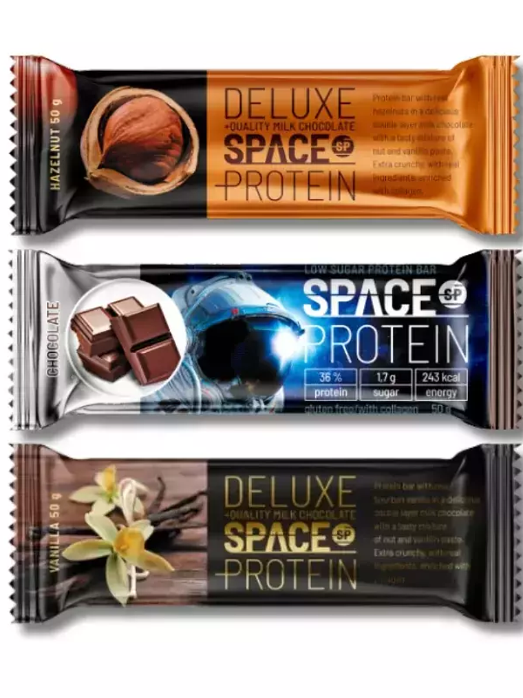 MIX 1 - SPACE 16 grs PROTEIN Bar - 24 unidades / 50 grs, mix 3 sabores (8 U hazelnut / 8 U chocolate caramel / 8 U coconut-cheescake) 1