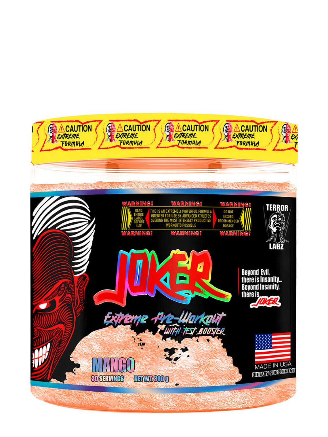 JOKER EXTREME Pre-Workout with TEST BOOSTER USA - 300 grs / 30 servicios, mango 1
