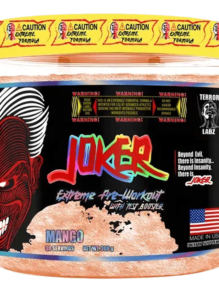 JOKER EXTREME Pre-Workout with TEST BOOSTER USA - 300 grs / 30 servicios, mango 1