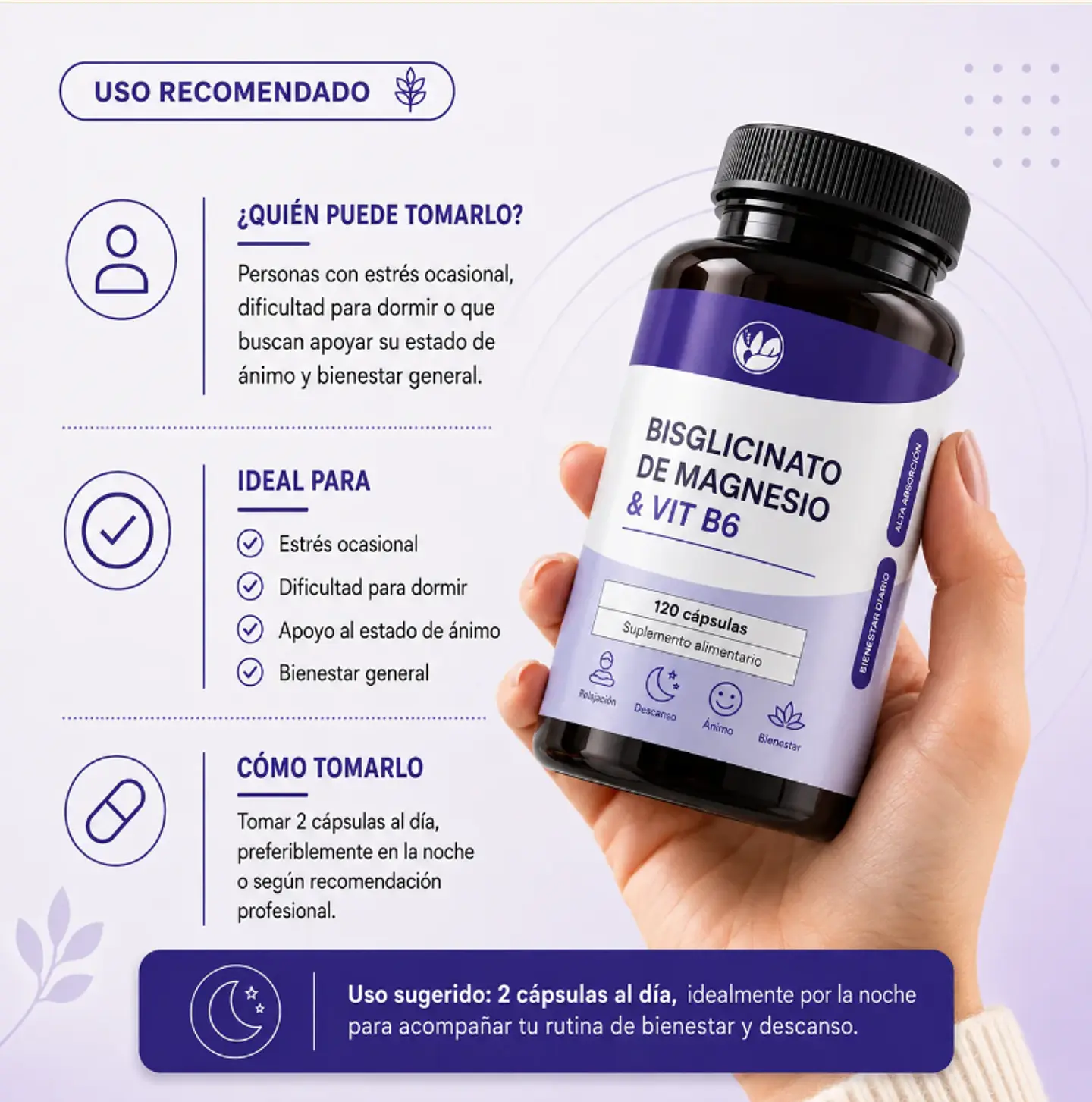 Bisglicinato de magnesio + L- Triptofano y B6 120 Caps | Sueño Profundo 2