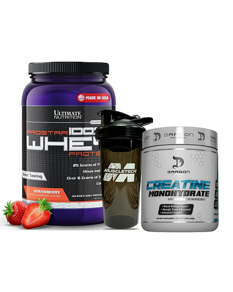 Ultimate Nutrition Proteína Prostar 2LB Strawberry + DRAGON PHARMA Creatina Essentials 300 grs + Shaker Muscletech 700ml