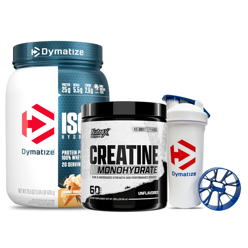 Dymatize ISO 100 1.4 LB Gourmet Vanilla (20 servicios) + Nutrex Creatina Monohydrate 300grs + Shaker Dymatize Blanco (700ml) 1