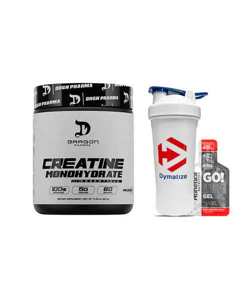 DRAGON PHARMA Creatina Essentials 300GR (60 servicios) + Dymatize Shaker Blanco