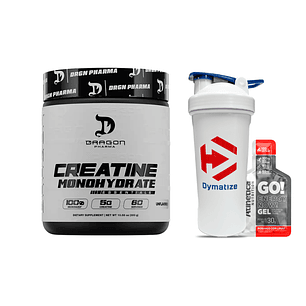 DRAGON PHARMA Creatina Essentials 300GR (60 servicios) + Dymatize Shaker Blanco