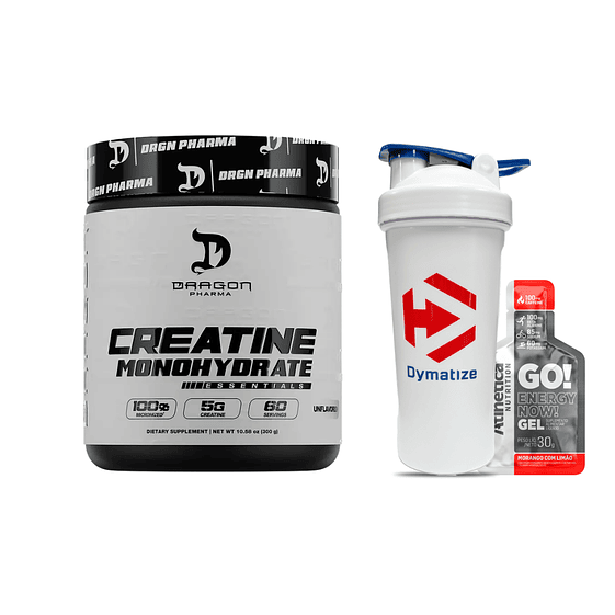 DRAGON PHARMA Creatina Essentials 300GR (60 servicios) + Dymatize Shaker Blanco 1
