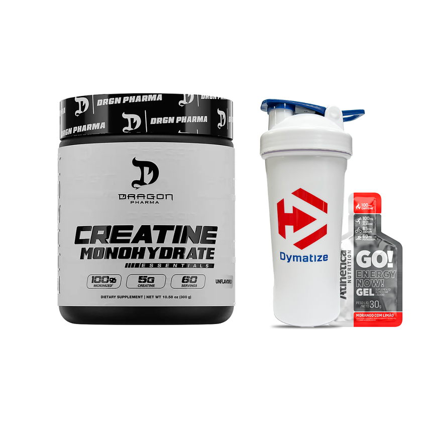 DRAGON PHARMA Creatina Essentials 300GR (60 servicios) + Dymatize Shaker Blanco 1