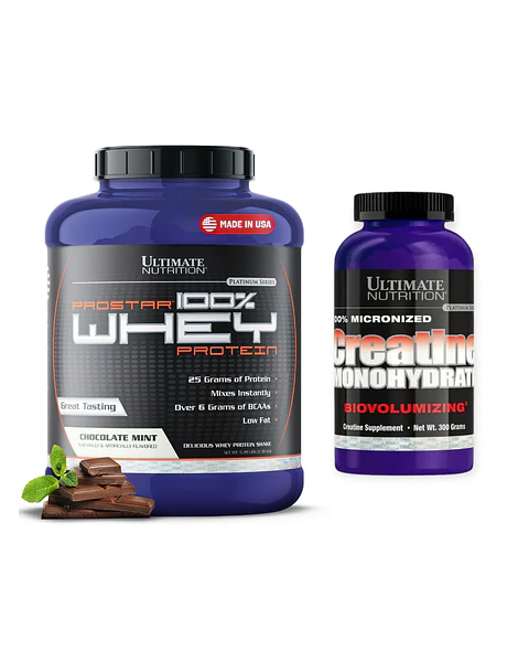Ultimate Proteina Prostar 100% Whey 5.28 Lb Chocolate Menta + Ultimate Nutrition Creatina Biovolumizing 300 gr