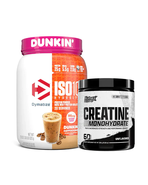 ISO 100 Dymatize Proteina 1.4 Lb Dunkin Edición Limitada Cappuccino + Nutrex Creatina Monohydrate 300grs (60 servicios)