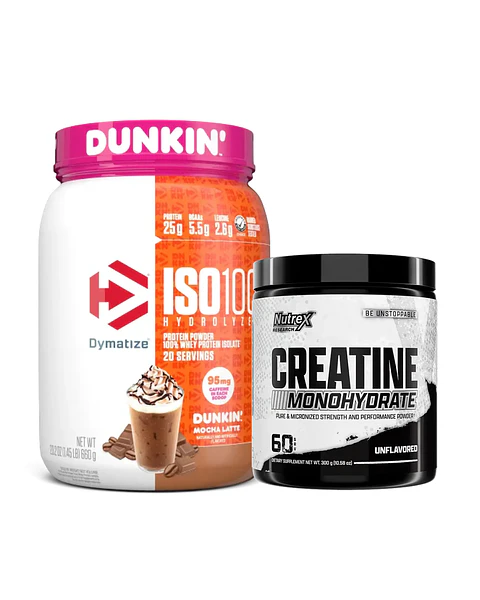 ISO 100 Dymatize Proteina 1.4 Lb Dunkin Edición Limitada Mocha Latte + Nutrex Creatina Monohydrate 300grs (60 servicios)