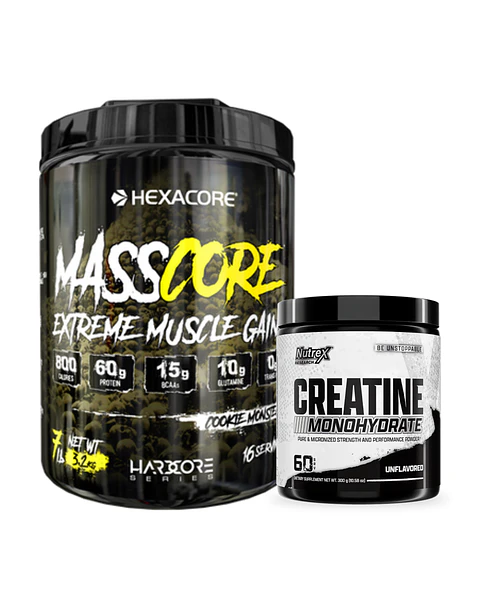 Hexacore MassCore EXTREME Muscle Gains 7 lbs (16 servicios) Cookie monster + Nutrex Creatina Monohydrate 300grs (60 servicios)