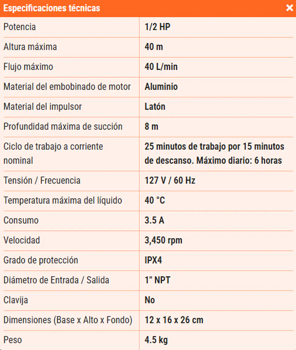 BOMBA PERIFERICA 1/2HP,  (altura máx 40m, uso agrícola, TRUPER) 4