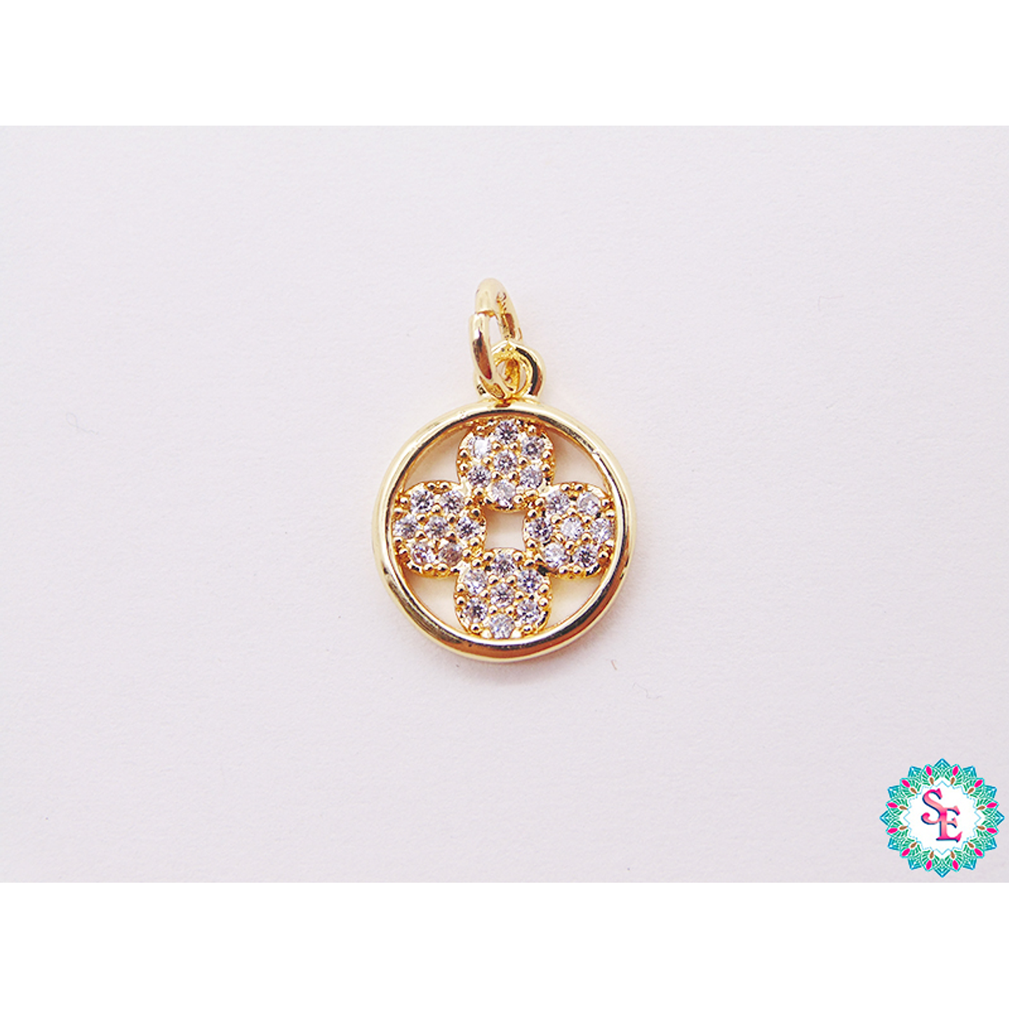 RODIO DORADO DIJE FLOR CIRCULO CIRCON BLANCO 11MM  1