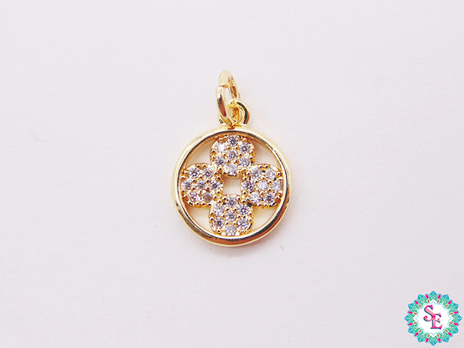 RODIO DORADO DIJE FLOR CIRCULO CIRCON BLANCO 11MM  1