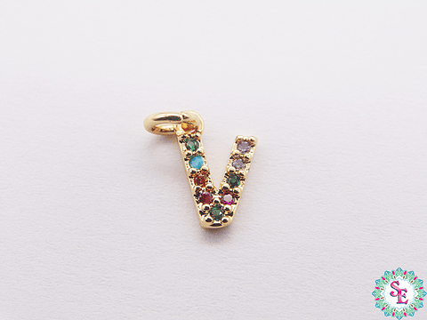 RODIO  DORADO DIJE LETRA V CIRCON MIX 10*6MM 