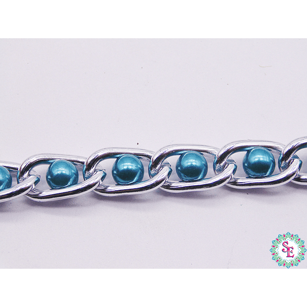 SILVER ALUMINUM CHAIN TURQUOISE BLUE PEARL 9MM X METER