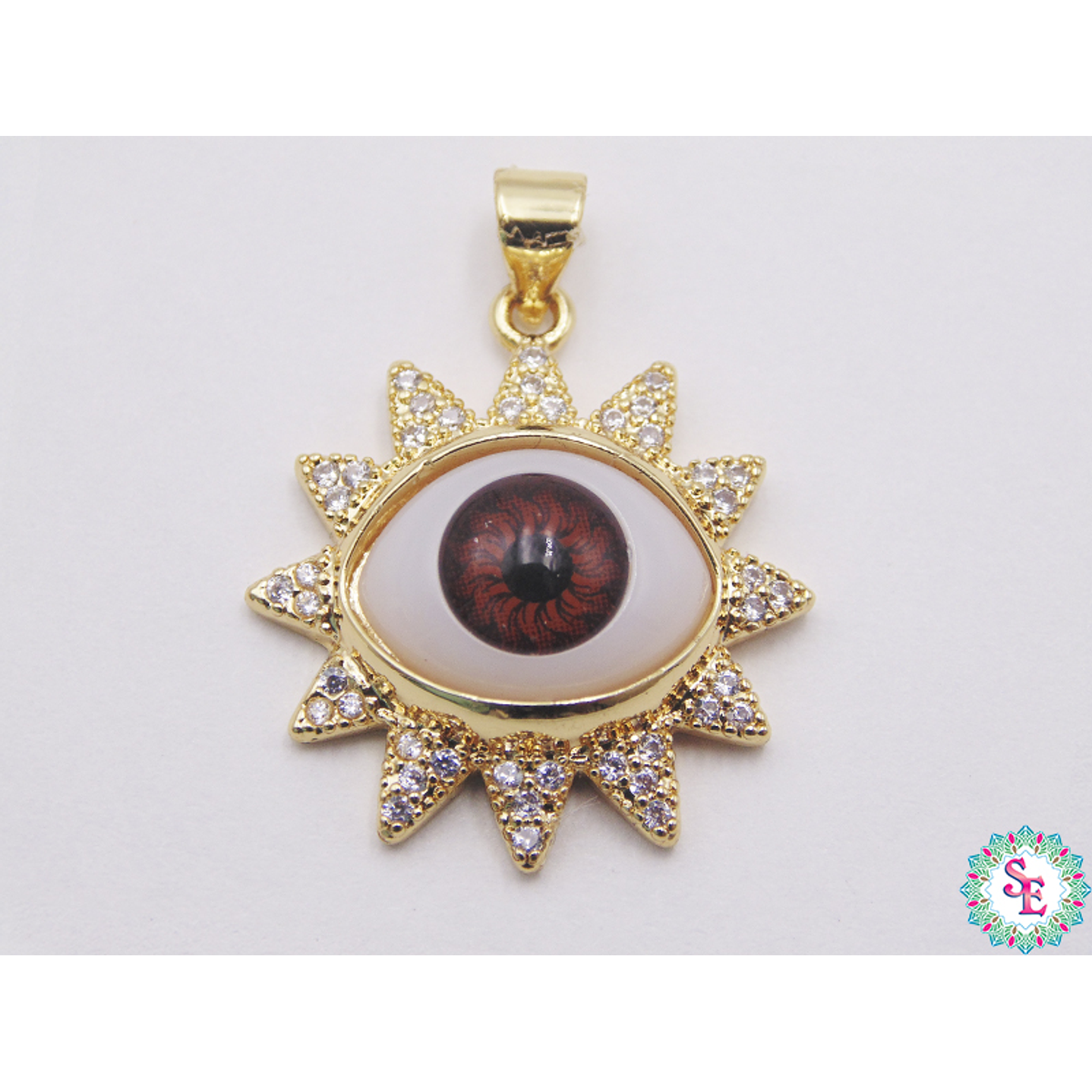 RHODIUM GOLDEN EYE PENDANT BROWN WHITE ZIRCON 22MM 1