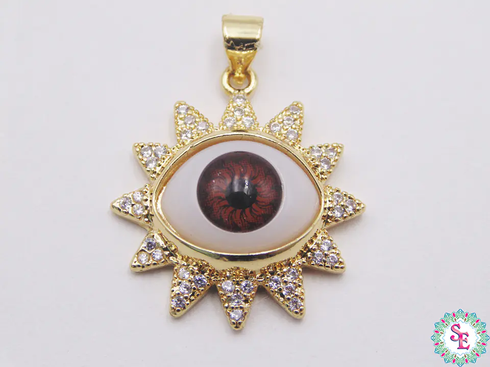 RHODIUM GOLDEN EYE PENDANT BROWN WHITE ZIRCON 22MM 1