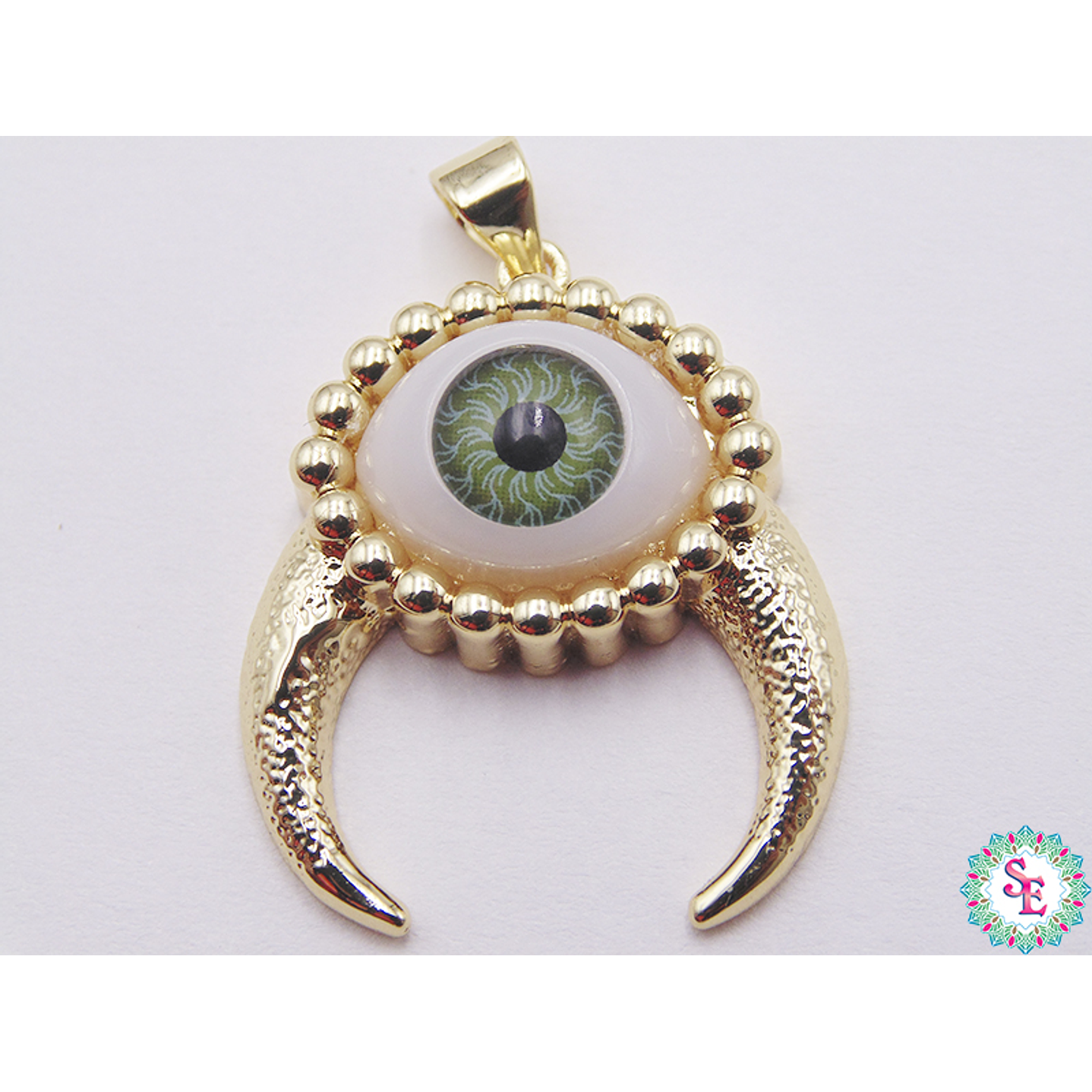 RODIO DORADO DIJE OJO VERDE CACHOS 26MM  1