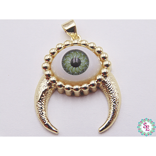 RODIO DORADO DIJE OJO VERDE CACHOS 26MM 