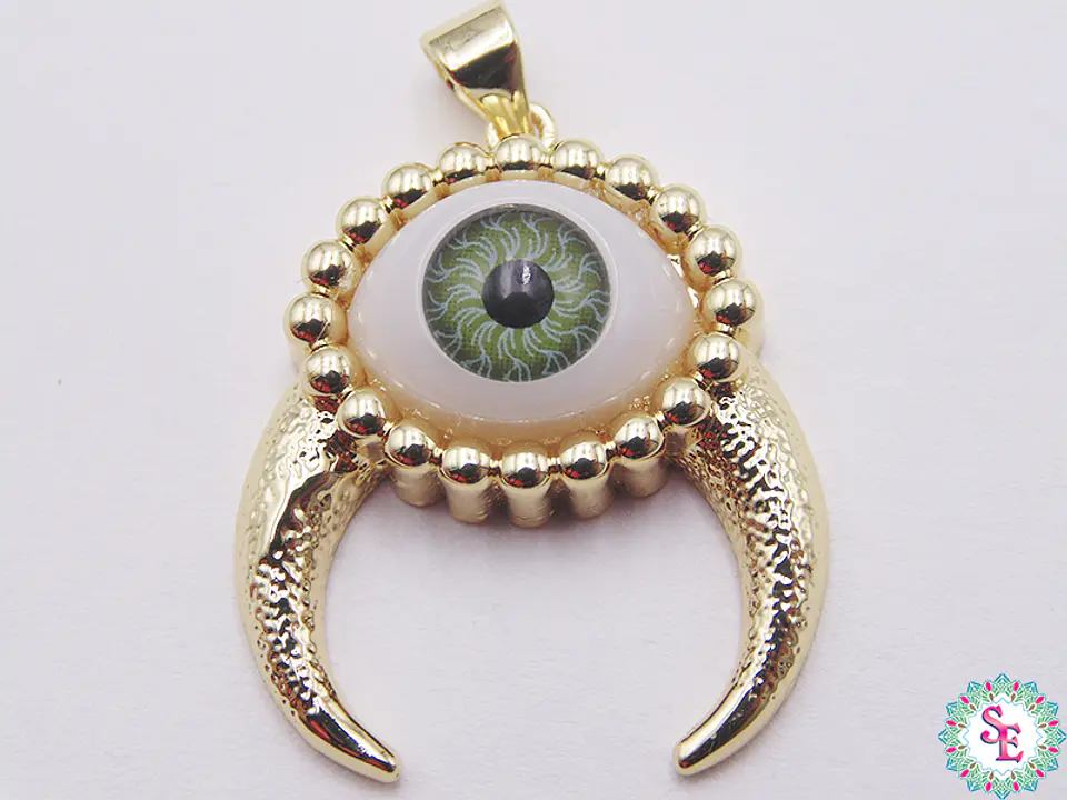 RODIO DORADO DIJE OJO VERDE CACHOS 26MM  1