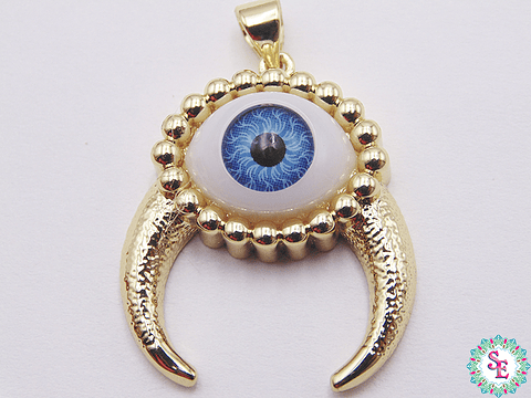 RODIO DORADO DIJE OJO AZUL CLARO CACHOS 26MM