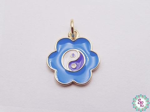 RODIO DORADO DIJE FLOR AZUL CLARO YIN YANG 14MM 