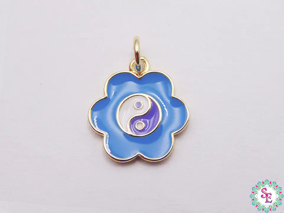 RODIO DORADO DIJE FLOR AZUL CLARO YIN YANG 14MM  1