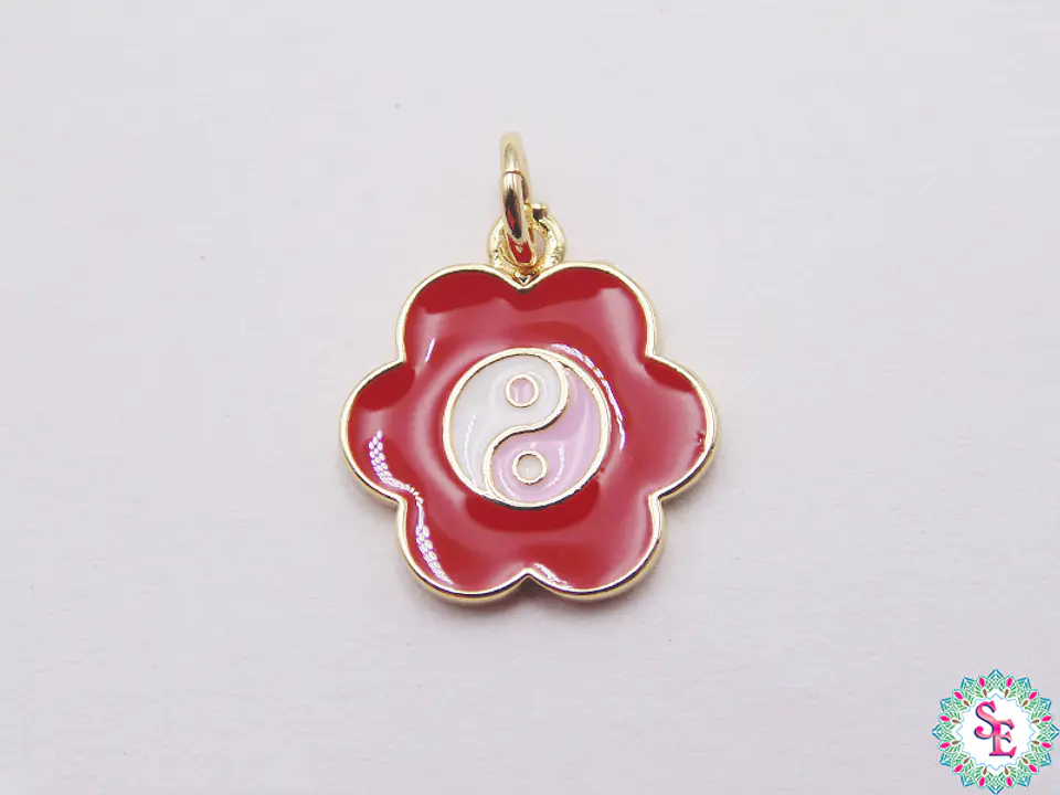 RODIO DORADO DIJE FLOR ROJO YIN YANG 14MM 1