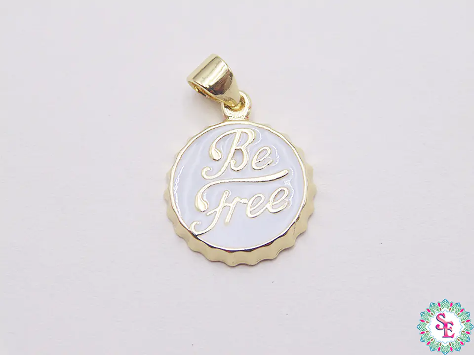 RODIO DORADO DIJE TAPA CELESTE PASTEL BE FREE(SE LIBRE) 14MM 1