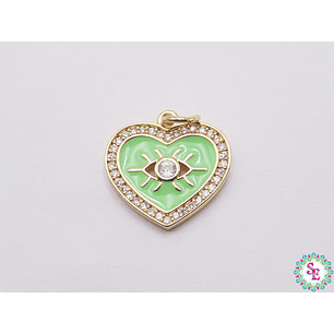 RODIO DORADO DIJE CORAZON VERDE PASTEL OJO CIRCON 16MM