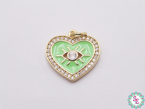 RODIO DORADO DIJE CORAZON VERDE PASTEL OJO CIRCON 16MM