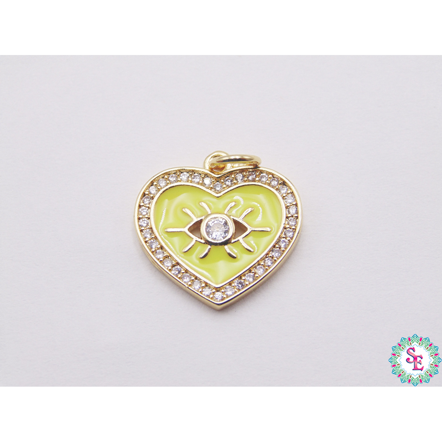 RODIO DORADO DIJE CORAZON AMARILLO NEON OJO CIRCON 16MM 1