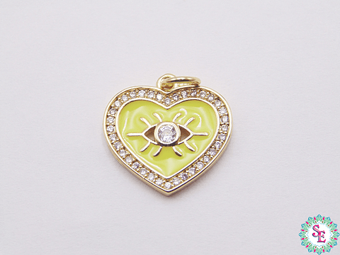 RODIO DORADO DIJE CORAZON AMARILLO NEON OJO CIRCON 16MM