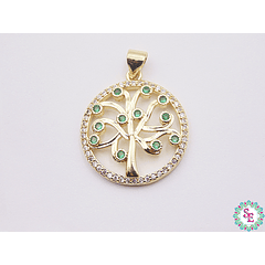 RODIO DORADO DIJE ARBOL DE LA VIDA 21MM CIRCON VERDE