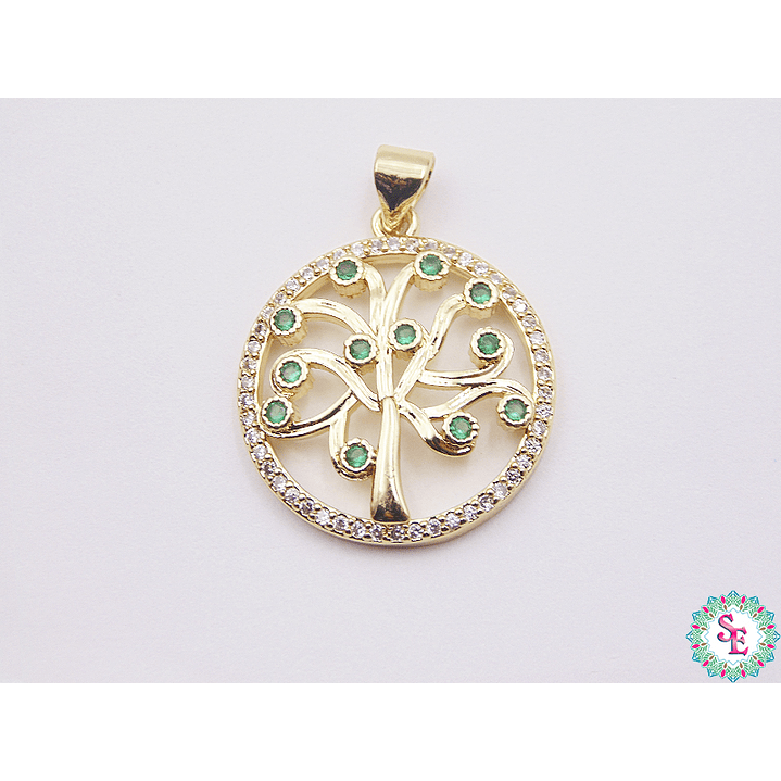 RODIO DORADO DIJE ARBOL DE LA VIDA 21MM CIRCON VERDE 1