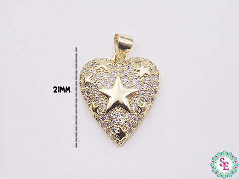 RODIO DORADO DIJE CORAZON ESTRELLA CIRCON BLANCO 21MM