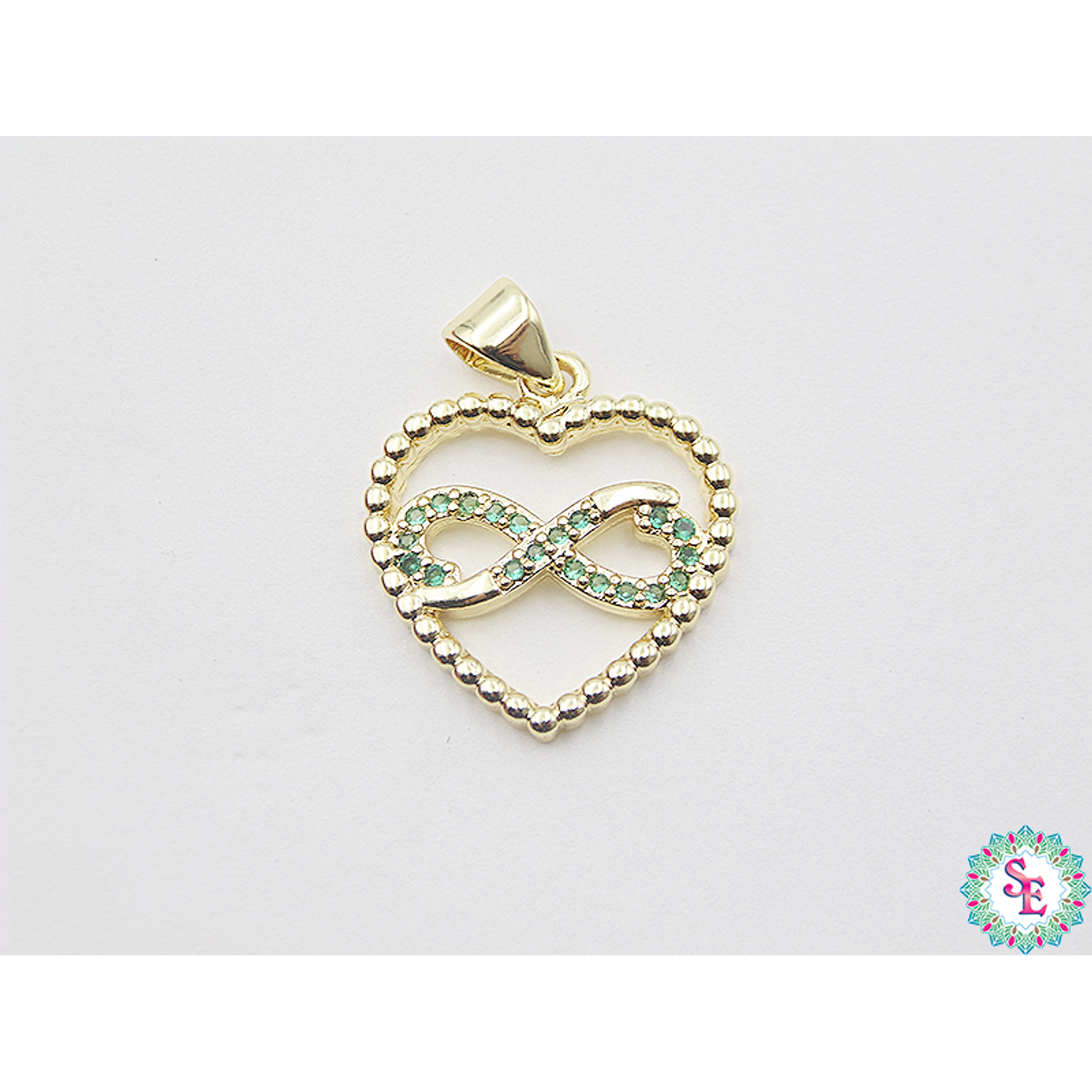 RODIO DORADO DIJE CORAZON INFINITO CIRCON VERDE 19MM 1
