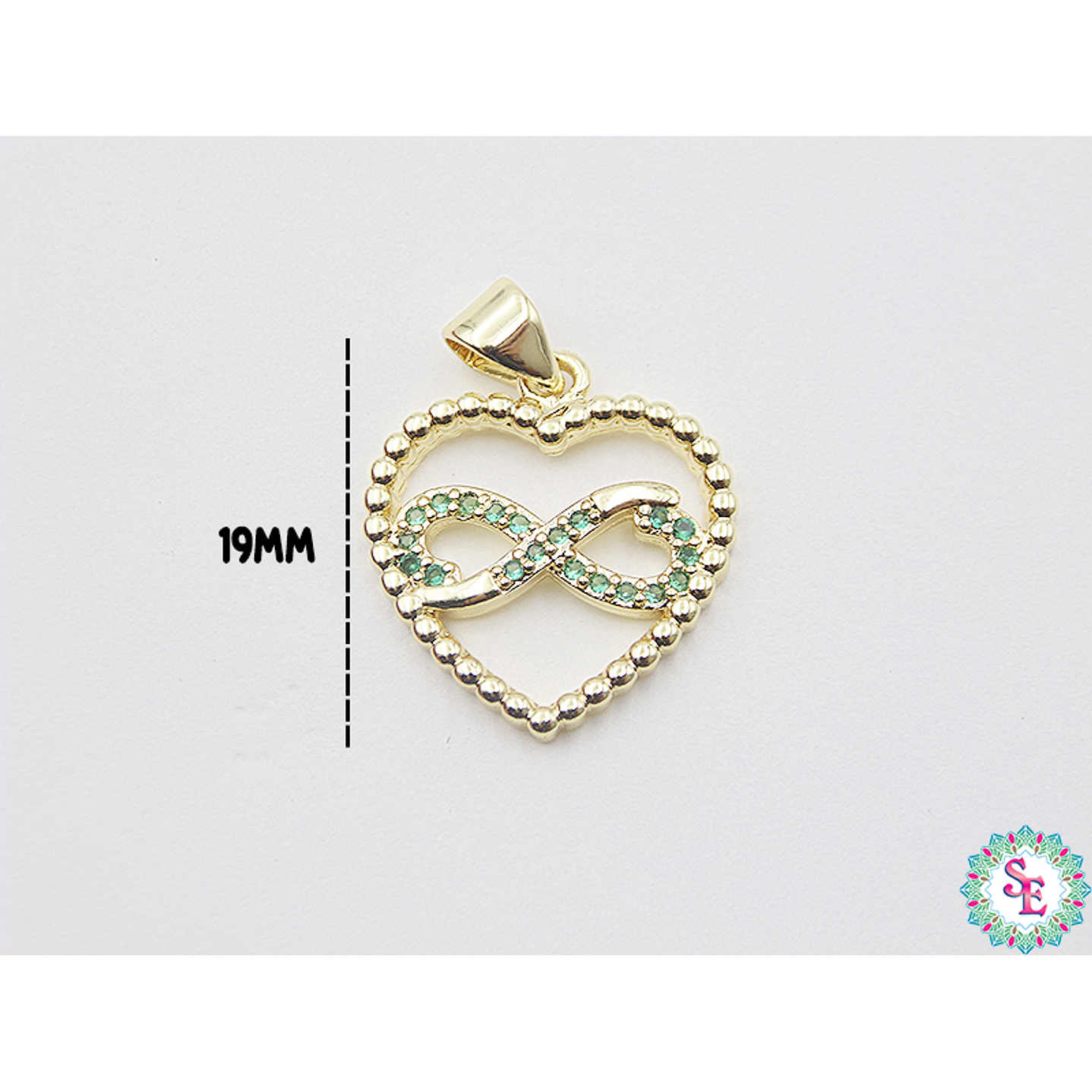 RODIO DORADO DIJE CORAZON INFINITO CIRCON VERDE 19MM 2
