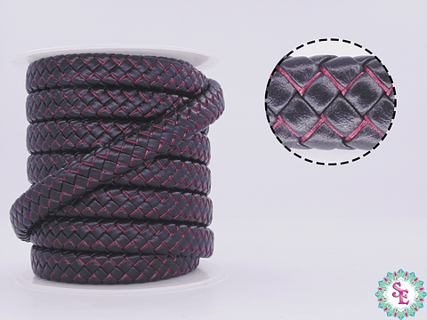 CUERO DE VACA TRENZADO 12*6MM NEGRO FUCSIA X 50CM