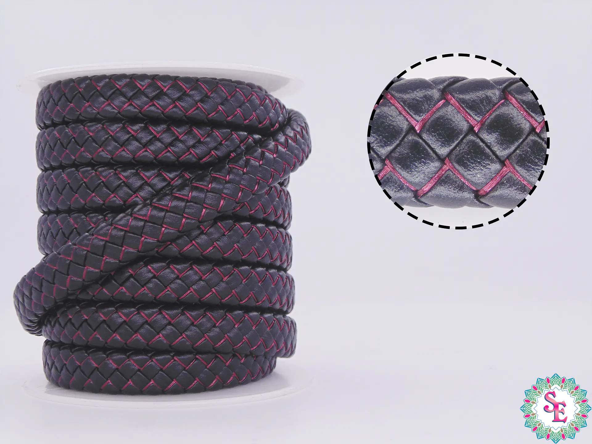 CUERO DE VACA TRENZADO 12*6MM NEGRO FUCSIA X 50CM 1