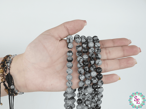 SARTA DE PIEDRA NATURAL LISA # 8MM  OBSIDIANA COPO DE NIEVE