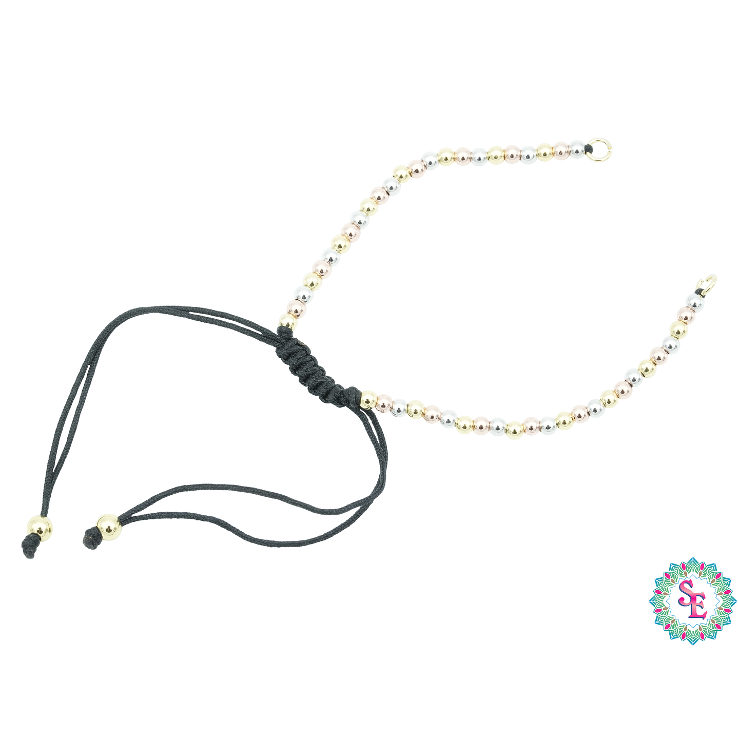 RODIO PULSERA BALIN 3MM DORADO,PLATEADO,ROSADO HILO NEGRO  1