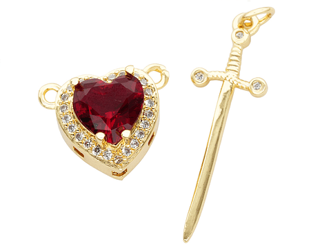 RODIO DORADO DIJE PAREJA CORAZON ROJO ESPADA ZIRCON 17*32MM